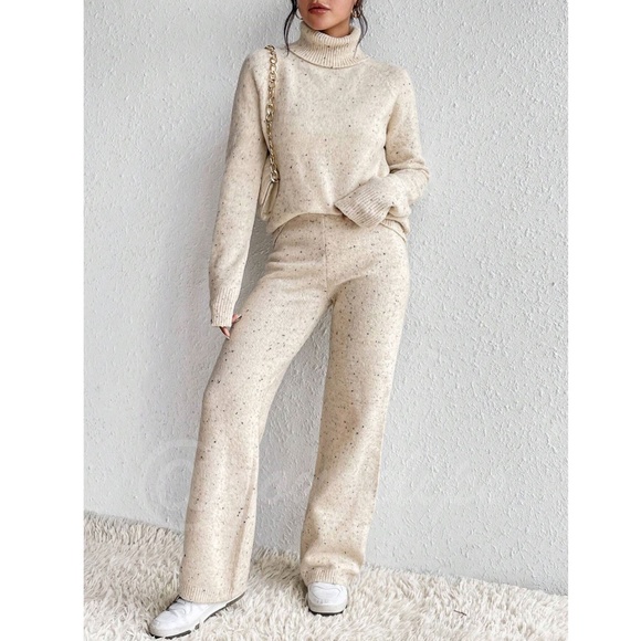 2 Piece Knit Set Turtleneck Sweater & Pants Beige - Picture 2 of 16